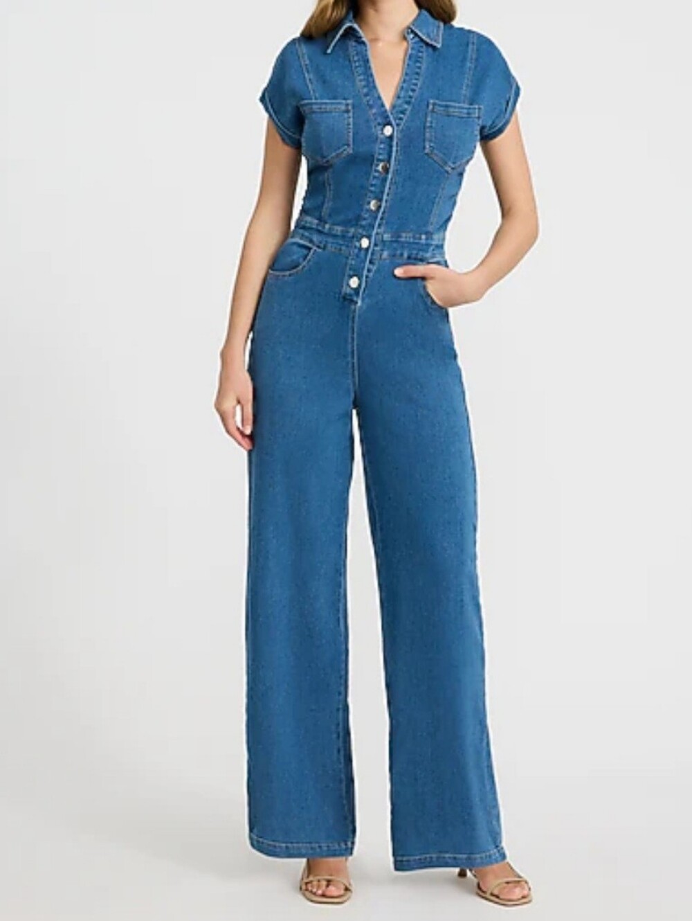 Express Stretch Denim Short Sleeve  Wide-Leg  Jumpsuit